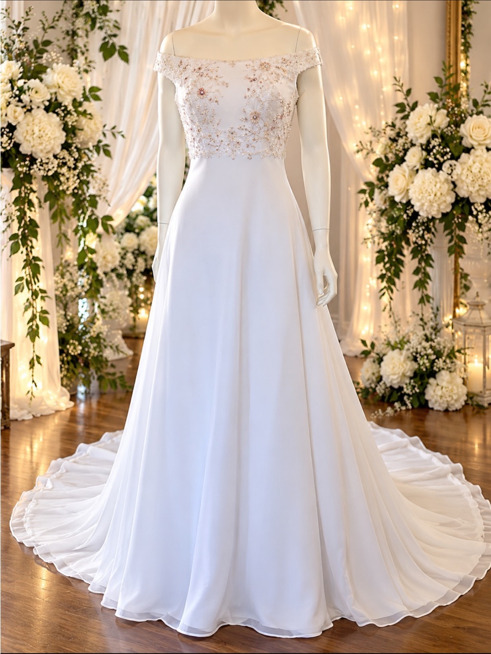 Bonny Bridal Wedding Dress Size 6 Ivory Off Shoulder Beaded Embroidered Train